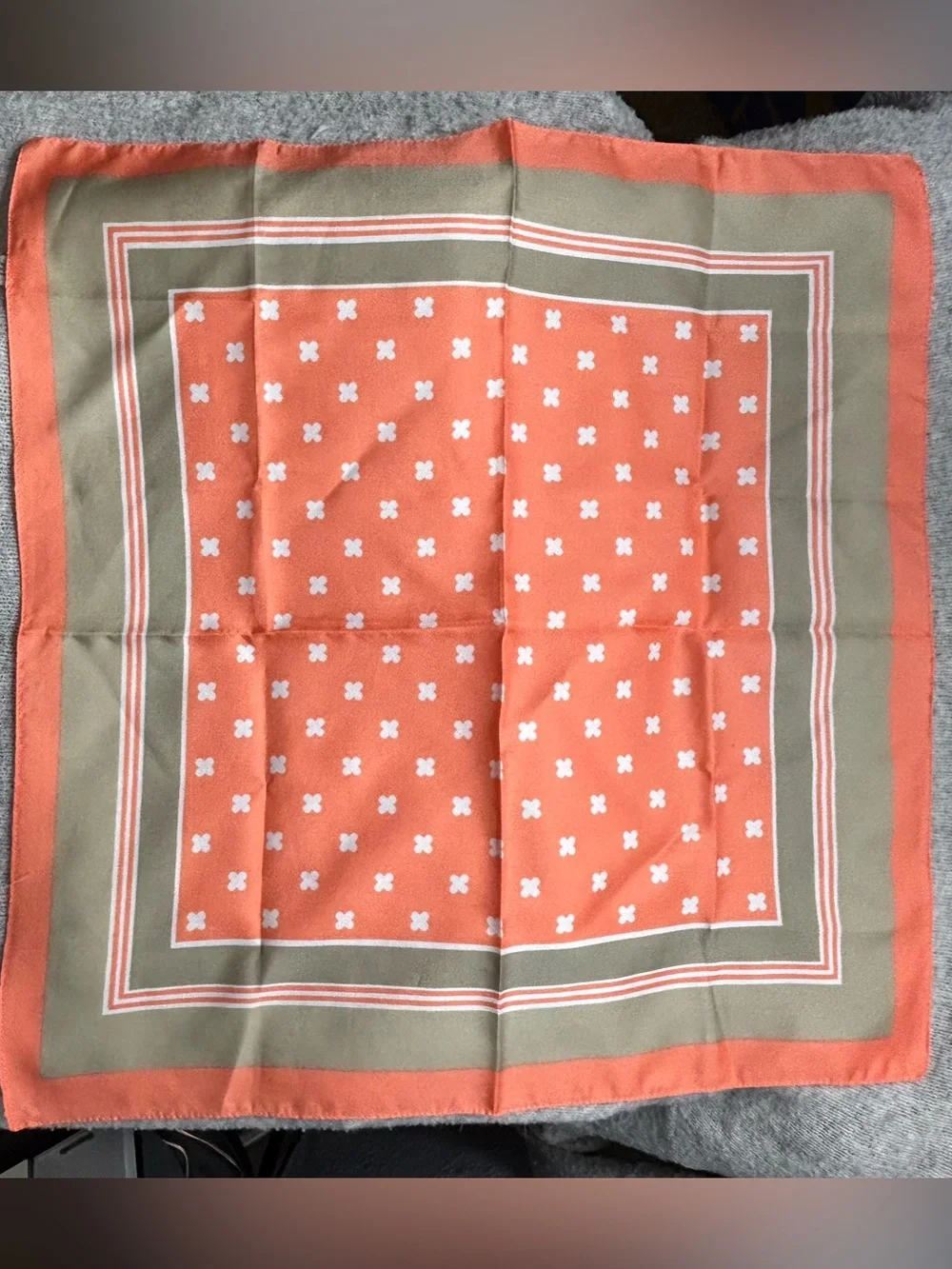 VINTAGE Orange & Tan Square Scarf, Italy, clover motif, est 70s, 80s, 90s